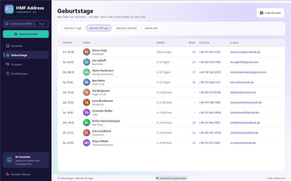 Geburtstagsliste mit Datum, Name, Alter, Telefon und E-Mail